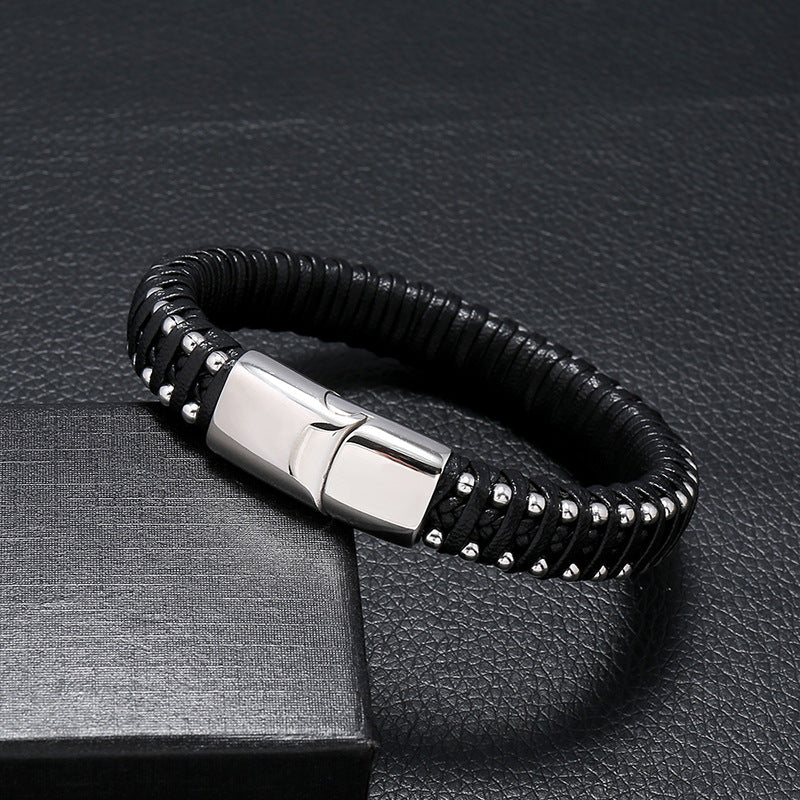 Pulseira de Couro e Aço Inoxidável