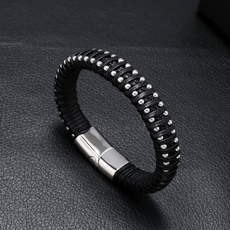 Pulseira de Couro e Aço Inoxidável