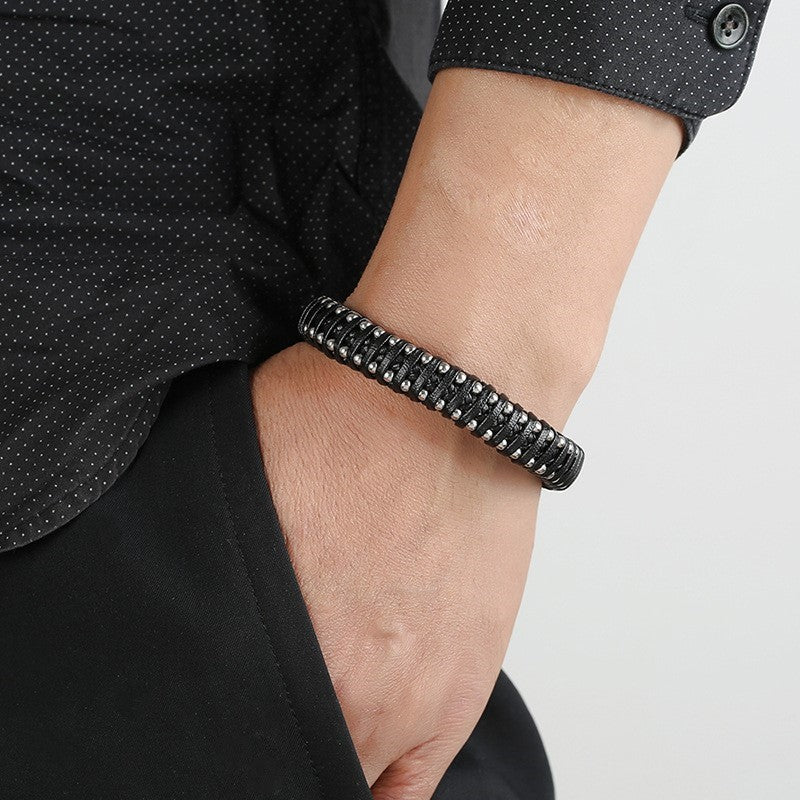 Pulseira de Couro e Aço Inoxidável