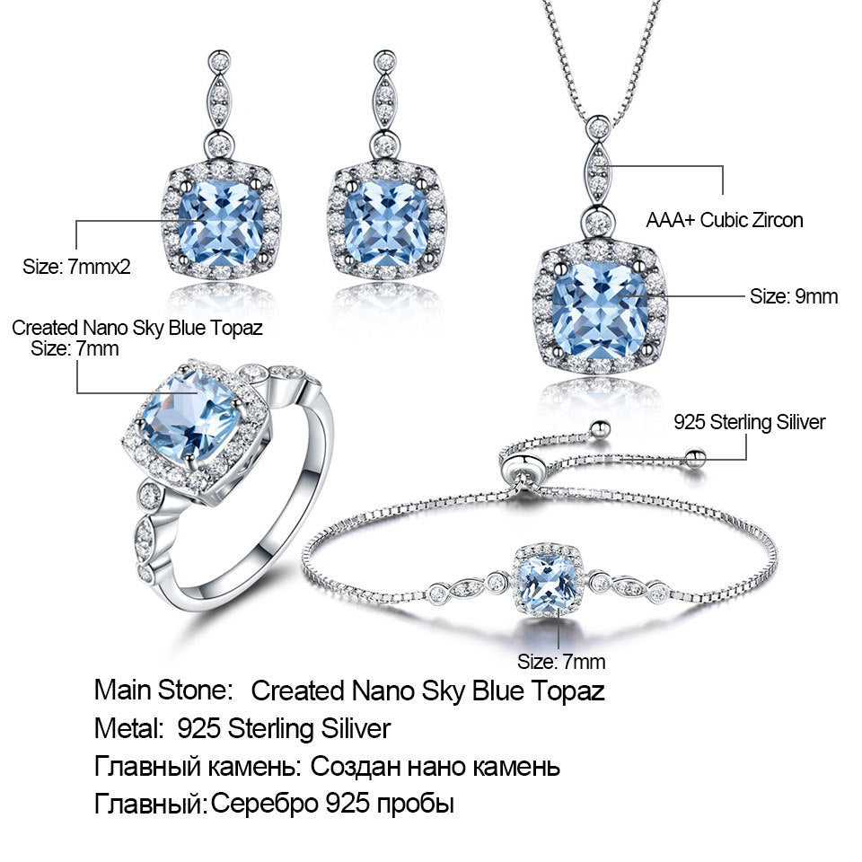 Conjunto de quatro peças com colar em prata de lei 925 e topázio azul-celeste