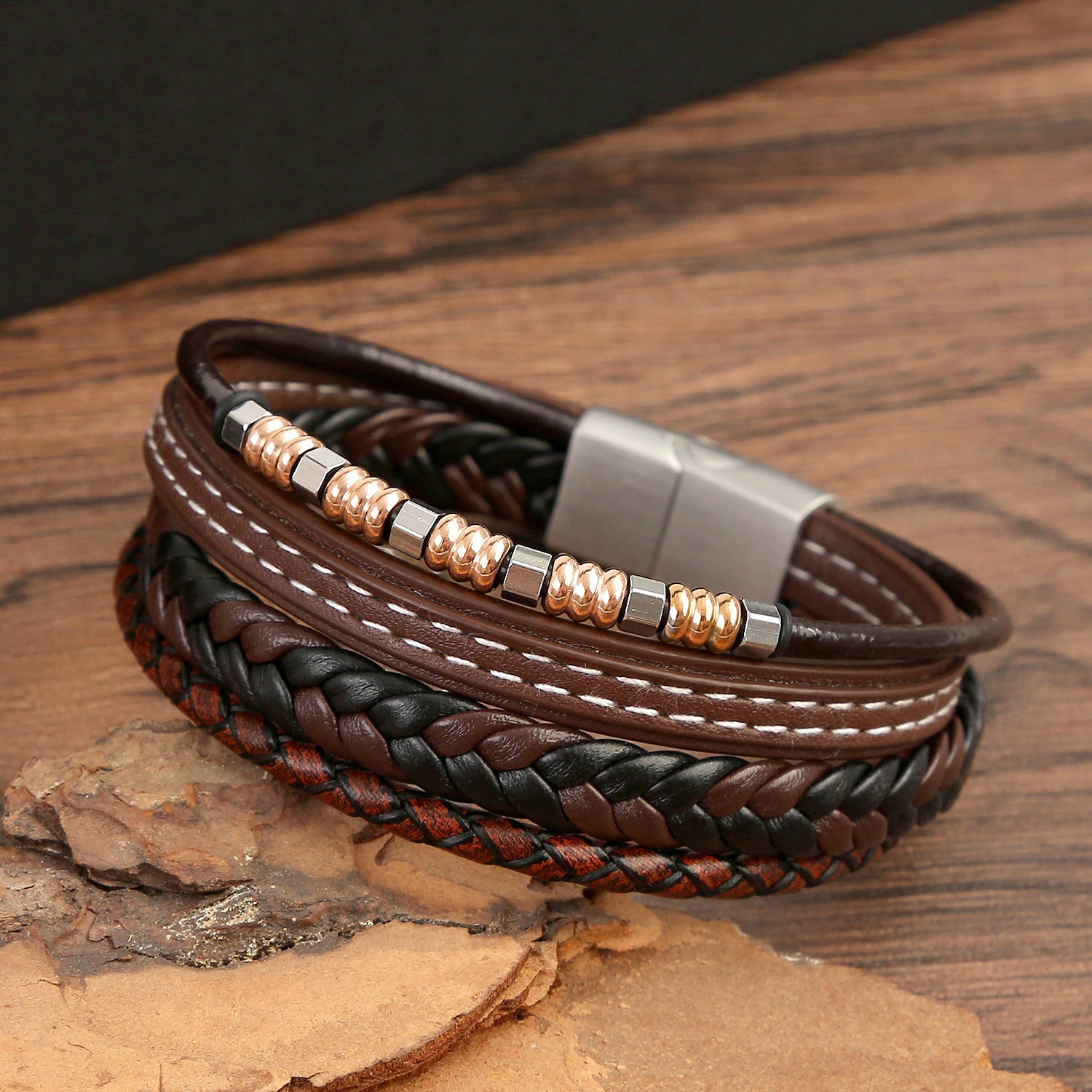Pulseira de Couro e Aço Inoxidável