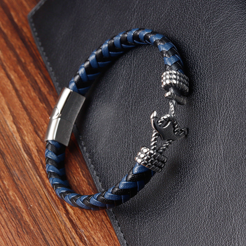 Pulseira Âncora de Couro e Aço Inoxidável