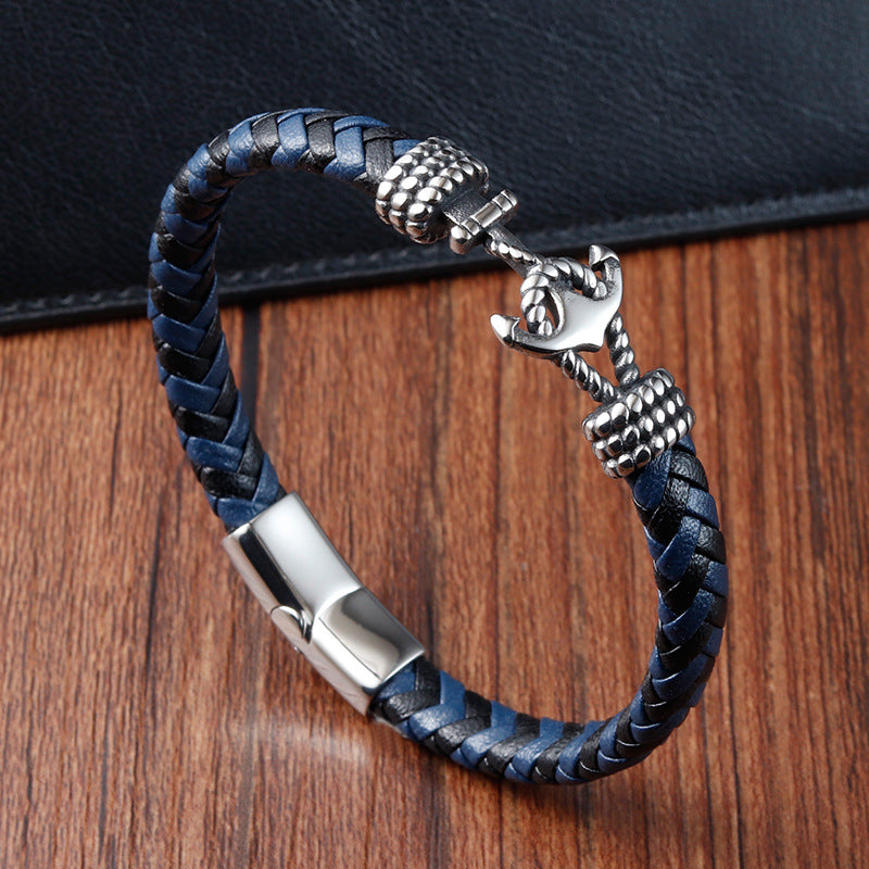 Pulseira Âncora de Couro e Aço Inoxidável