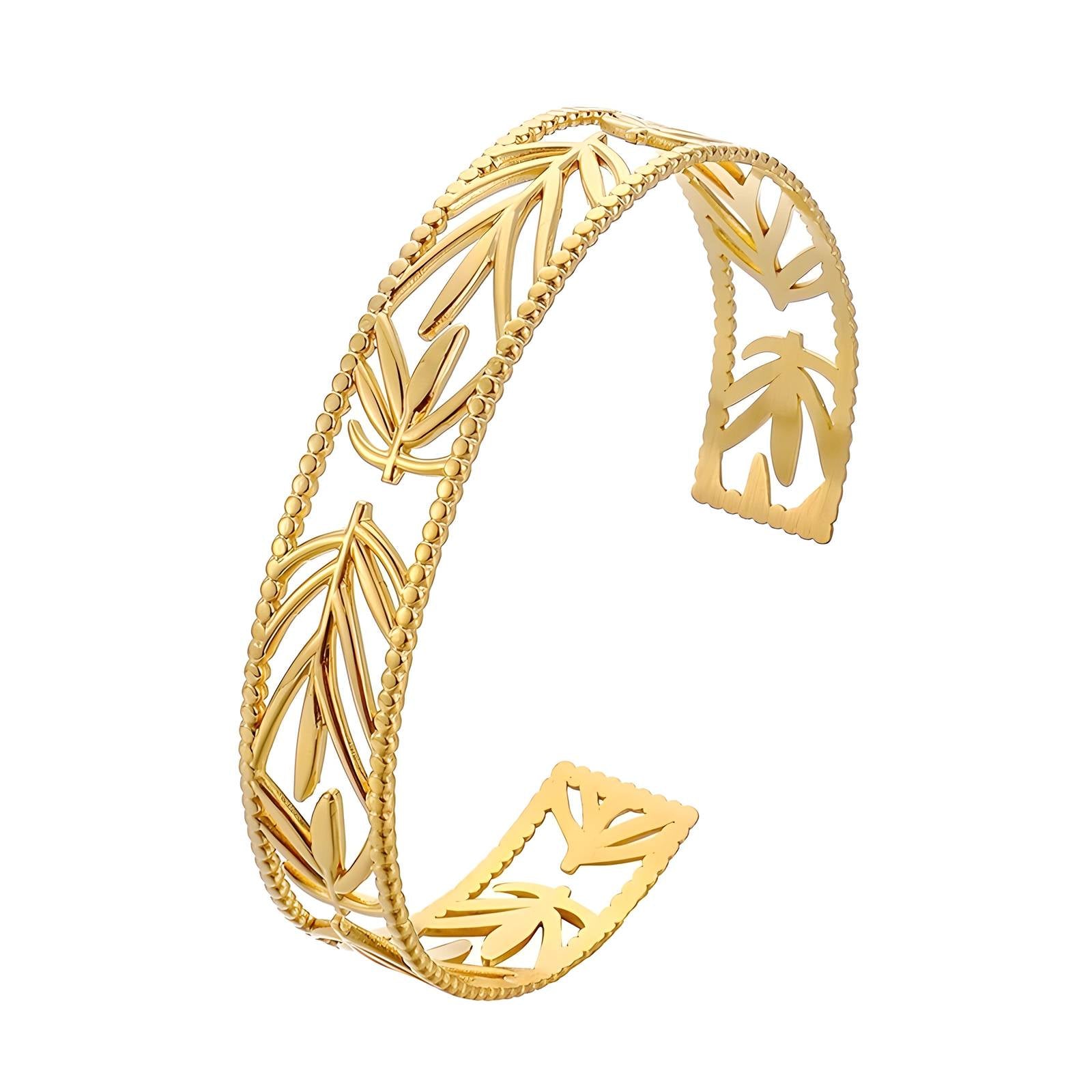 Pulseira "Folhas", Aço Banhado a Ouro 18K