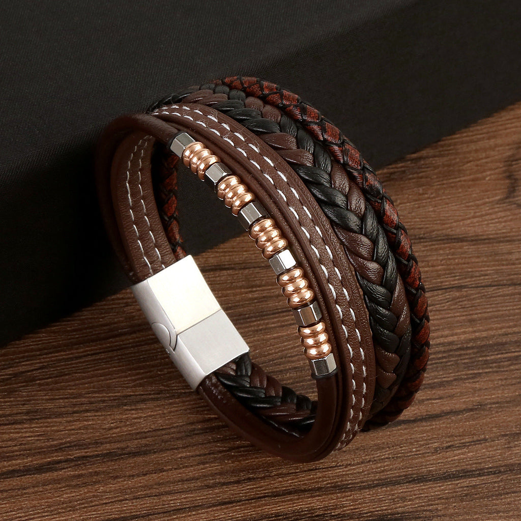 Pulseira de Couro e Aço Inoxidável