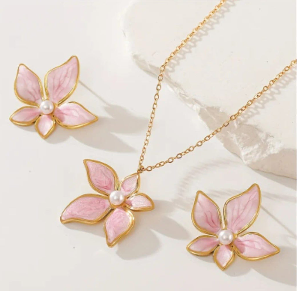 Conjunto Flor Aço inoxidavel banhado a ouro 18k