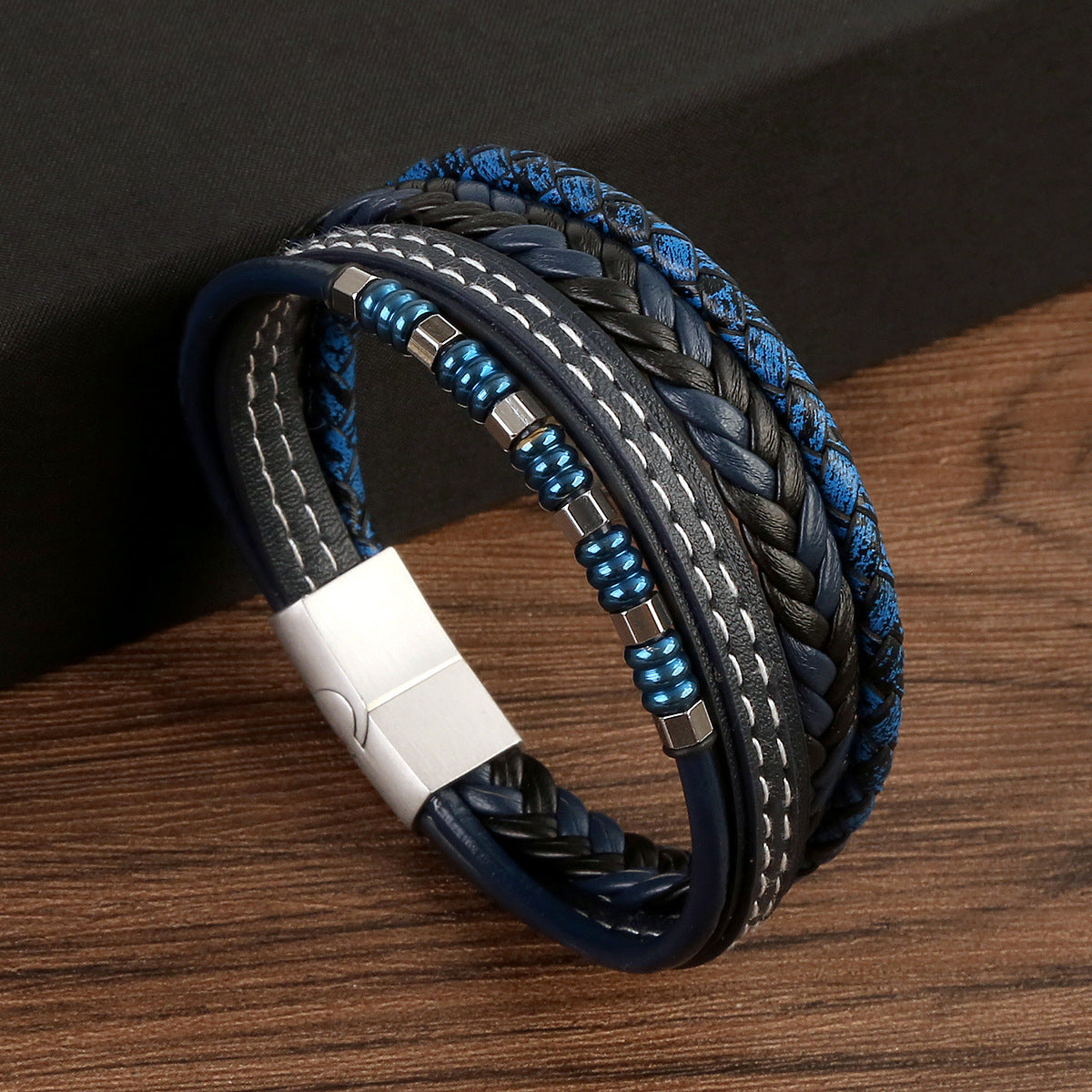 Pulseira de Couro e Aço Inoxidável