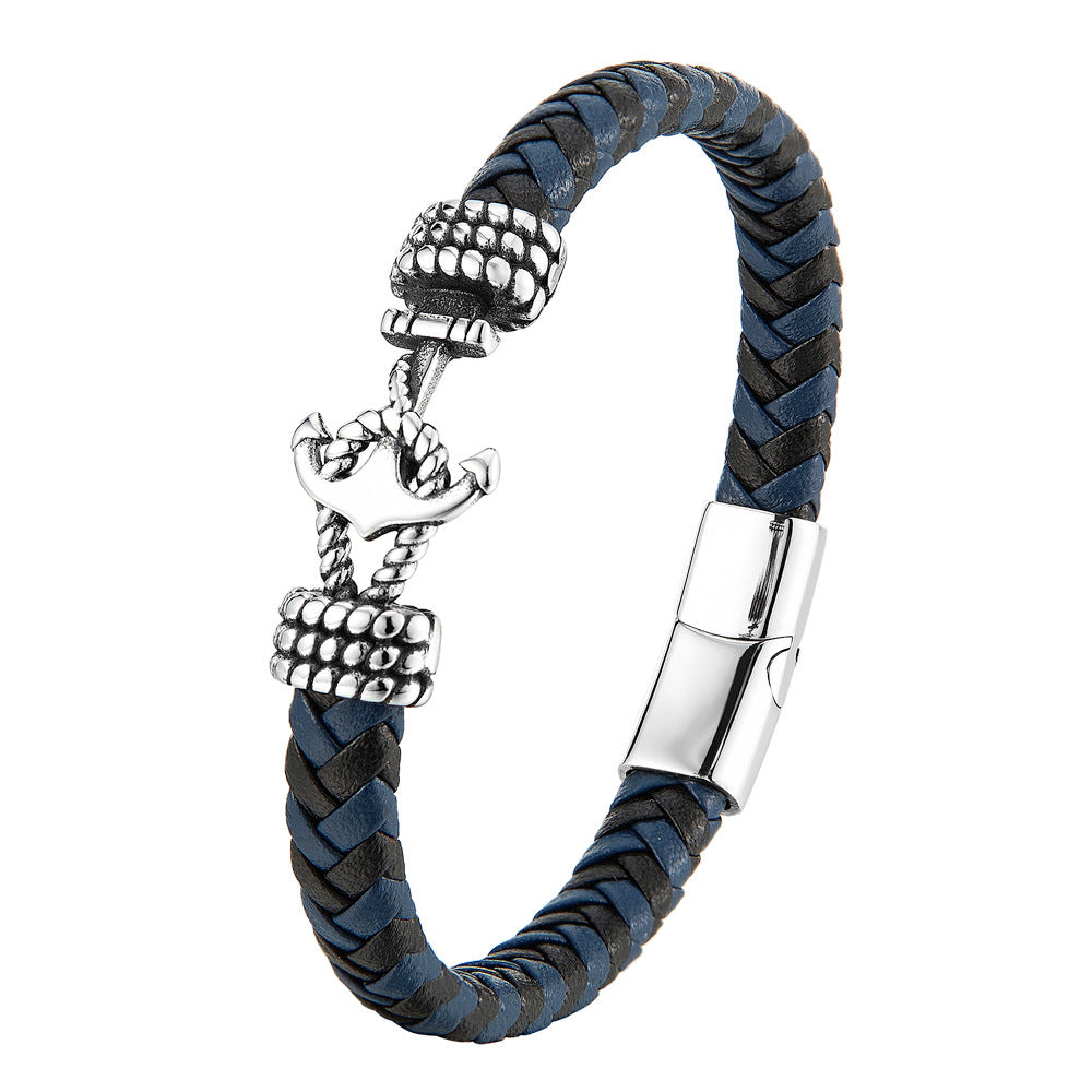 Pulseira Âncora de Couro e Aço Inoxidável